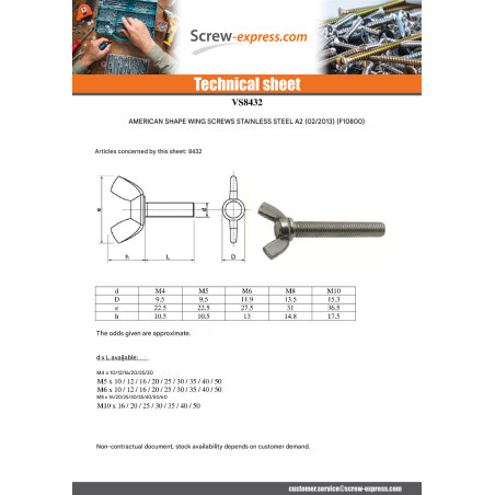 1 x Screw Wing M8X25 Form American Stainless Steel A2