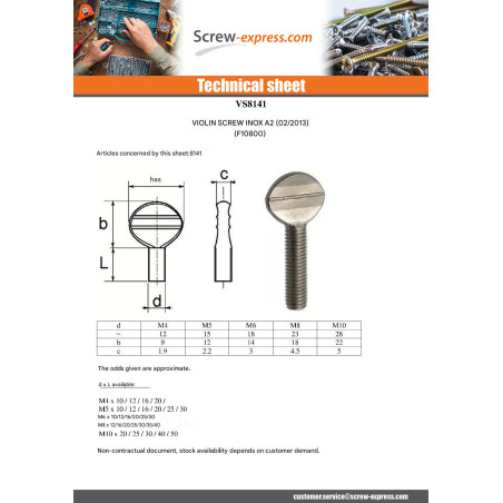 1 x Screw VIOLIN M8X30 Stainless Steel A2