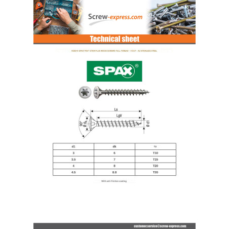 1 x Spax Wood Screw Pan Countersunk Head T-STAR T20 4X30 Full Thread Stainless Steel A2