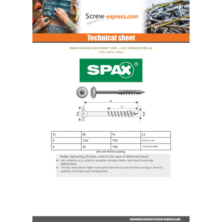 1 x Spax Carpenter Screw Disc Head Stainless Steel A2 8X220 Thread Length: 80 T40