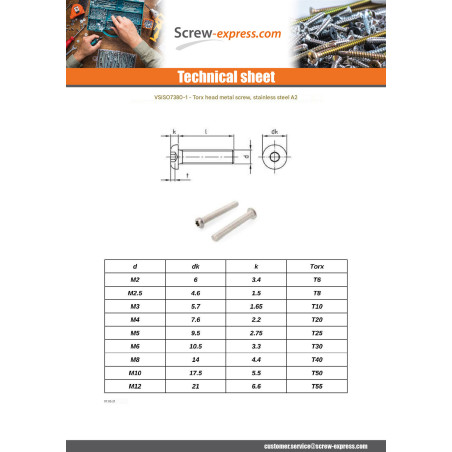 1 x Machine Screw Head Pan Head T30 M6X8 Thread Length: 8 Full Thread Stainless Steel A2