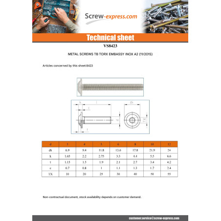 1 x Machine Screw Pan Head Flange T30 M6X45 Full Thread Stainless Steel A2