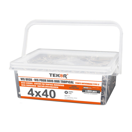 1 x Bucket of 455 Decking Screw TEKOR 4X40 cut Type 17 Drilling Point Stainless Steel C1 AISI 410 Countersunk Head T15