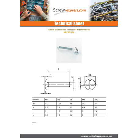 1 x Screw Mushroom Slotted In Cross M10X20 Full Thread Stainless Steel A2