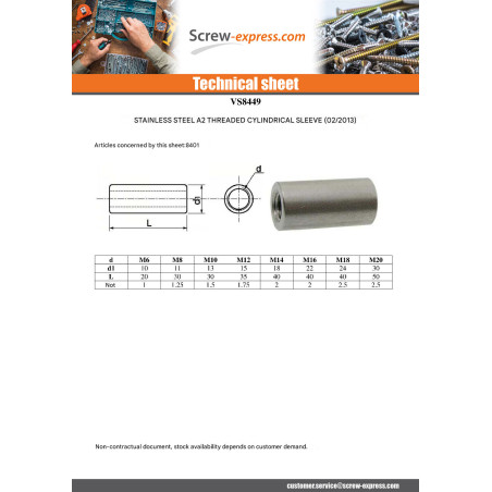 1 x Manchon Cylindrical Self Tapping M10 13X25 Stainless Steel A2