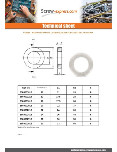 1 x Washer CONSTRUCT Metallic Stainless Steel...