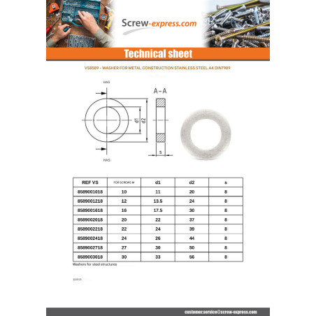 1 x Washer CONSTRUCT Metallic Stainless Steel A4 M10X20X8