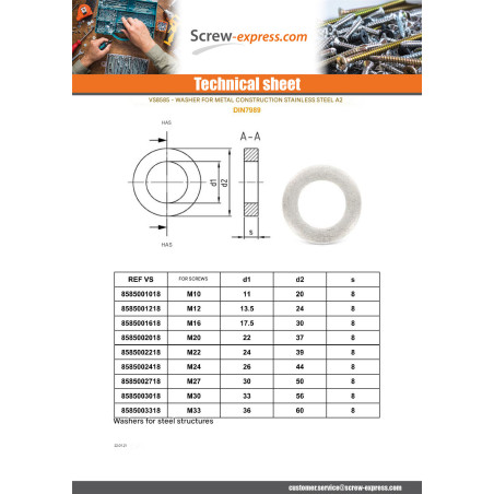 1 x Washer CONSTRUCT Metallic Stainless Steel A2 M20X37X8