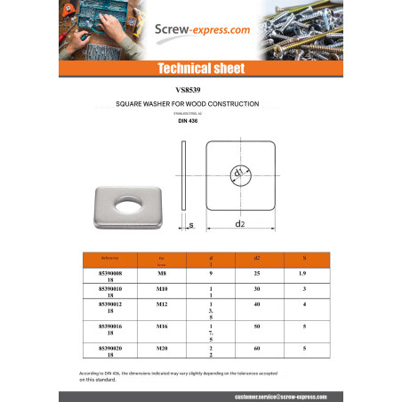 1 x Square Washers For Wood Construction M16 17.5X50X5 Stainless Steel A2