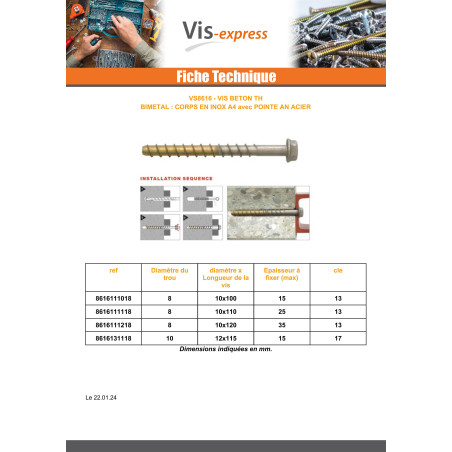 1 x Screw Concrete Bimetal Stainless Steel A4 Steel Hexagonal Head 10X120
