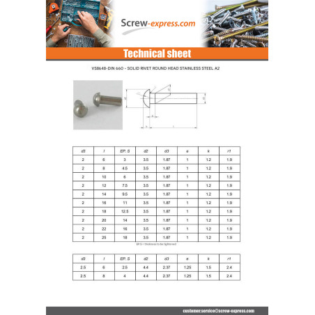 1 x Solid Rivet Round Head Stainless Steel A2 2X12