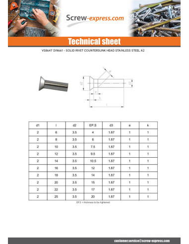1 x Solid Rivet Countersunk Head Stainless...