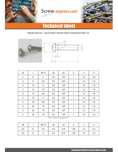 1 x Solid Rivet Round Head Stainless Steel A2 4X14