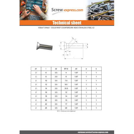 1 x Solid Rivet Countersunk Head Stainless Steel A2 4X8