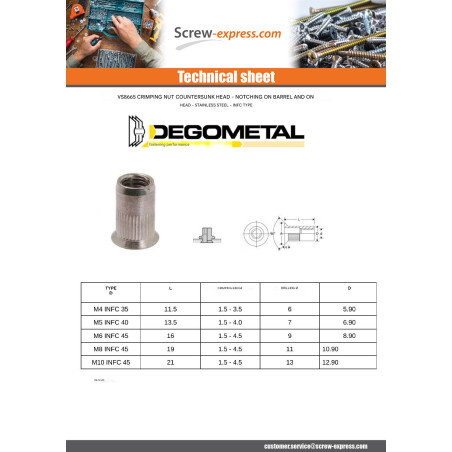 1 x Rivet nut Countersunk Head With Serration M5X13.5 INFC 40 Stainless Steel