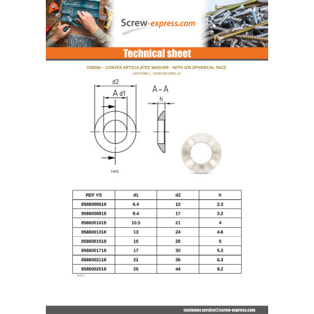 1 x Spherical washer form C Stainless Steel A2 13X24X4.6