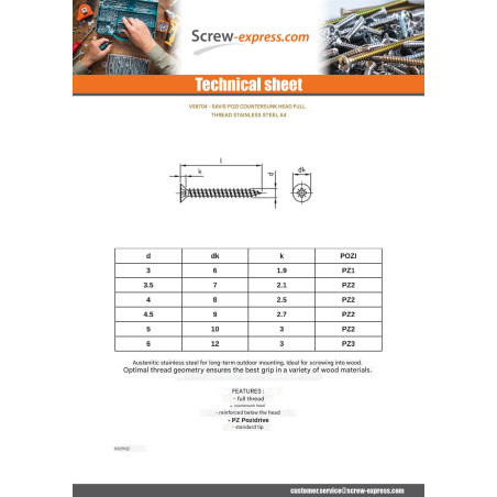 1 x Chipboard Screw Countersunk Head Pozi N°1 3X25 Full Thread Stainless Steel A4 micro screw