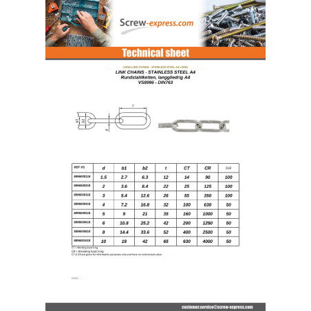 1 x M Long Link Chain Diameter 2 Stainless Steel A4 (Sold By Meter)