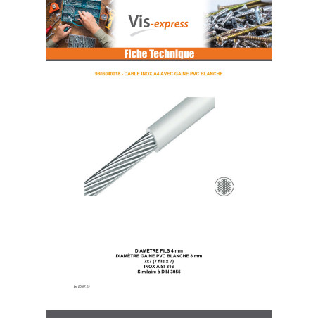 1 x Meter of Wire Rope Diameter 4 Stainless Steel A4 SHEATH Plastic White (Sold By Meter)