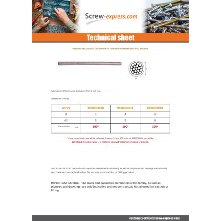 1 x Meter of Wire Rope Diameter 3 Stainless Steel A4 SHEATH Plastic (Sold By Meter)