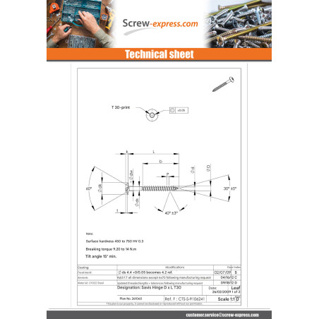 1 x Screw Truss 6X50 Partial Thread T30 Nickel Plated