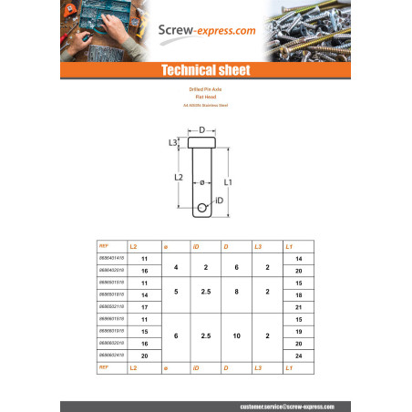 1 x Pin Flat Head 6X45 With Hole 2.5 Stainless Steel A4