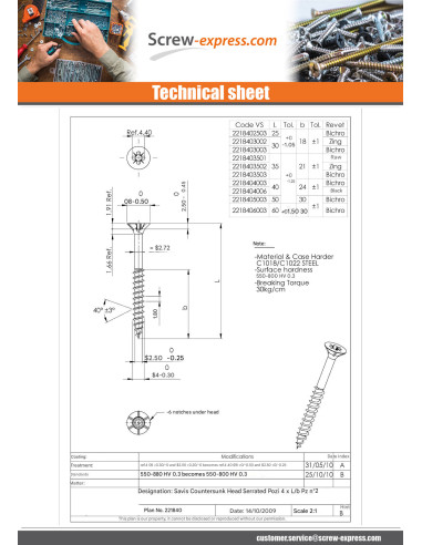 1 x Chipboard Screw Countersunk Head Pozi 4X30...