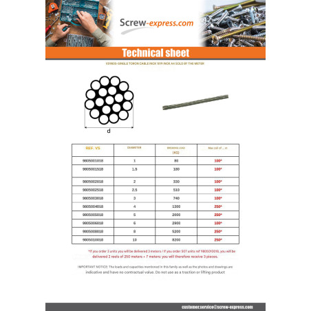 1 x Meter of Wire Rope Diameter 4 Stainless Steel A4 1X19 Breaking load 1300 kg (Sold By Meter)