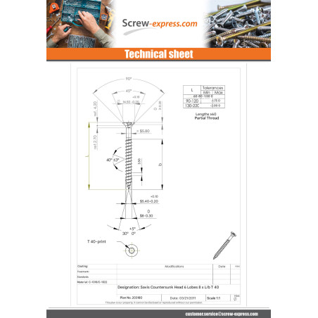 1 x Chipboard Screw Countersunk Head T40 8X100 Thread Length: 60 Zinc Plated