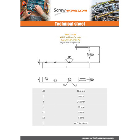 1 x Hook Of for roofing VARIO 260X30X60 /5 Stainless Steel A2