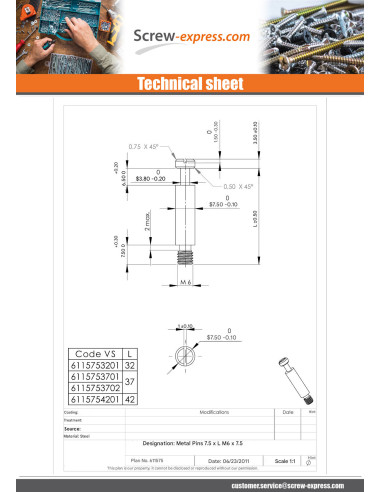 1 x Trunnions Machine Zinc Plated 7.5X37 M6-7.5