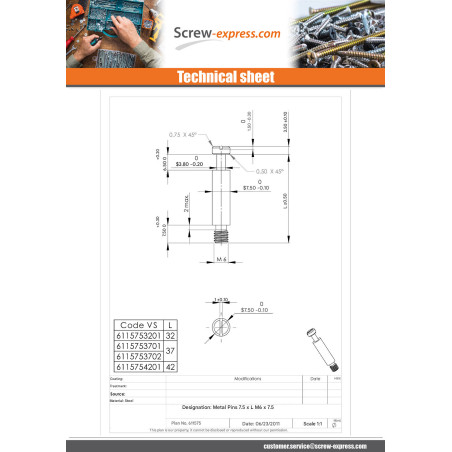 1 x Dowels Machine Zinc Plated 7.5X37 M6-7.5
