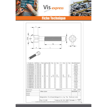 1 x Furniture Screw Steel M8X60 Pitch 150 Cross Head