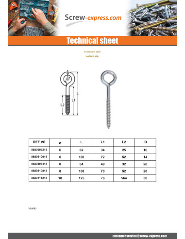 1 x Piton Wood Stainless Steel A4 6X100 Thread...