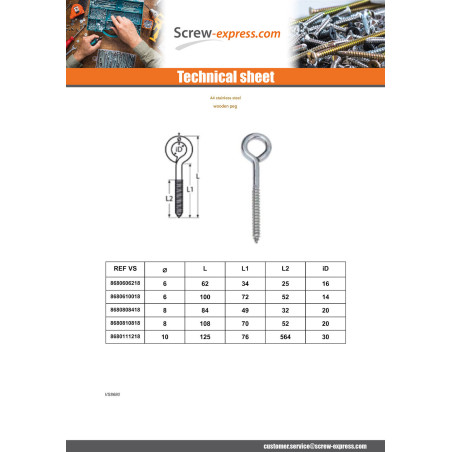 1 x Piton Wood Stainless Steel A4 6X62 Thread Length: 25 Eye 16