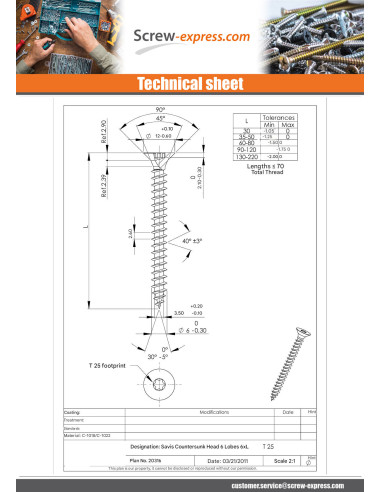 1 x Chipboard Screw Countersunk Head T25 6X40...