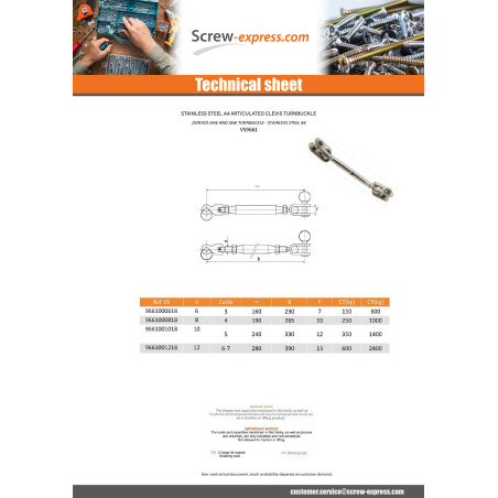 1 x Jointed Jaw And Jaw Turnbuckle Stainless Steel A4 Diameter 12
