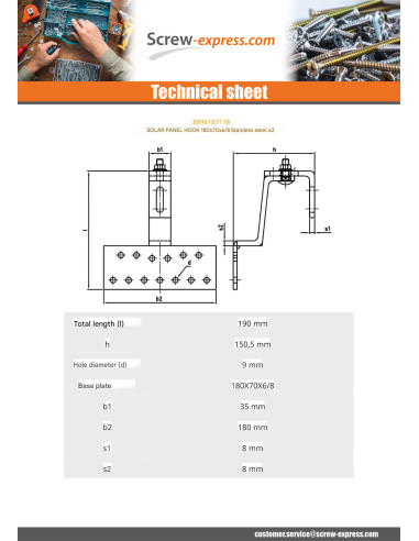 1 x Hook for solar panel 180X70X6 /8 Stainless...