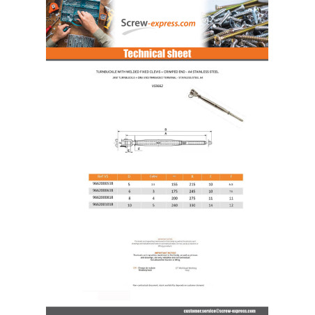 1 x Jaw Turnbuckle One End Threaded Terminal Stainless Steel A4 for cable Diameter 2.5
