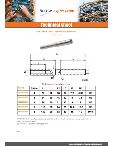 1 x Inside Right Thread Terminal To Wire Rope...
