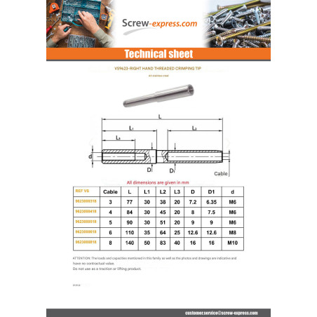 1 x Inside Right Thread Terminal To Wire Rope Diameter 4 Stainless Steel A4