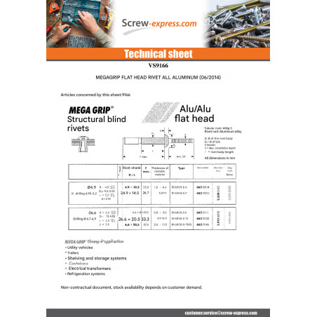 1 x RIVET MEGAGRIP ENTIRELY ALUMINIUM 6.6X14.1 FLAT HEAD