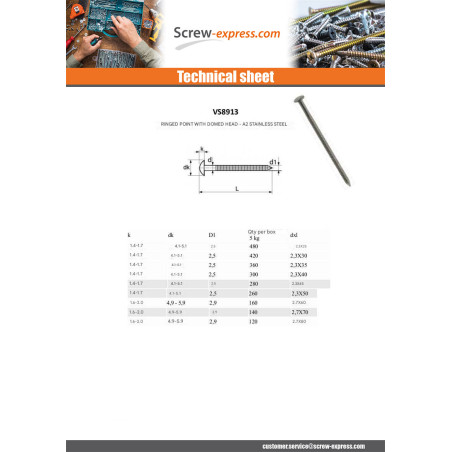 1 x Kg of nails Stainless Steel A2 Round Head RINGED 2.7X50