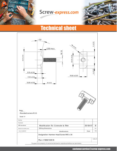 1 x Machine Screw Hammer Head M10X35 Stainless...