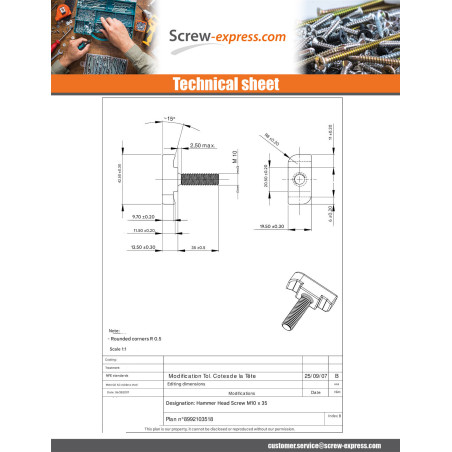1 x Machine Screw Hammer Head M10X35 Stainless Steel
