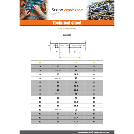1 x Studs Metal End ~1Diameter Stainless Steel A2 M10X60 Total Lengh 70