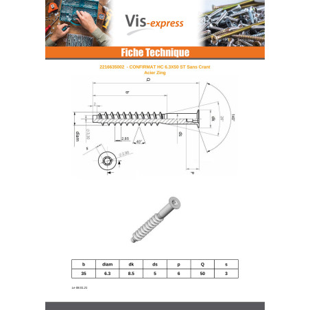 1 x Self Drilling Screw Confirmat Countersunk Head Hexagon Recess 6.3X50 Sheet Metal Thread SS With Serration Zinc Plated