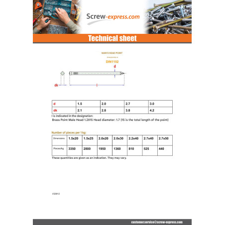 1 x Kg of nails Head Male Length 50 Diameter 2.7 Stainless Steel A2