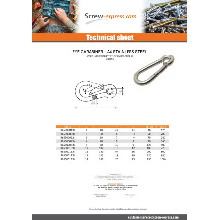 1 x Spring Hook With Eyelet Stainless Steel A4 Diameter 10