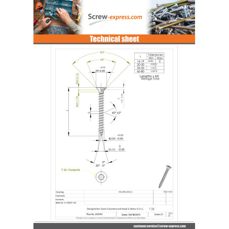 1 x Chipboard Screw Countersunk Head T25 4.5X60 Thread Length: 36 Zinc Plated